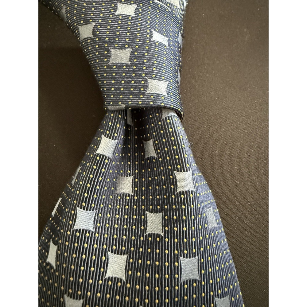 Bergamo New York Mens Handmade Silk Tie Navy Blue Yellow Geometric 59x4